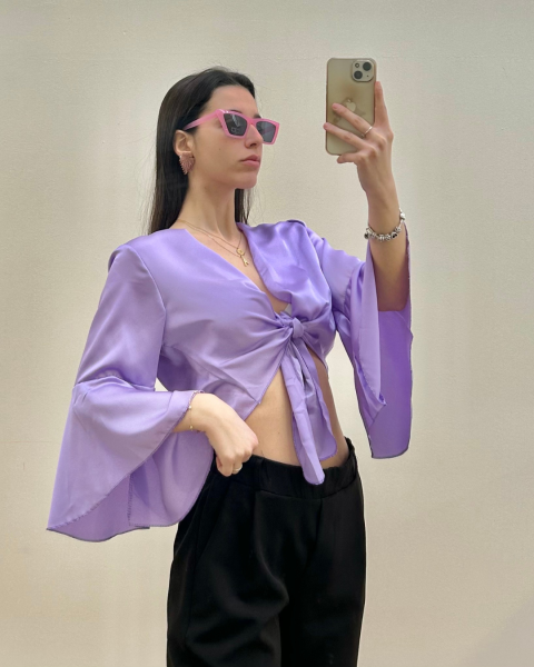 Satin Tie-Front Bell Sleeve Crop Top - Lilac