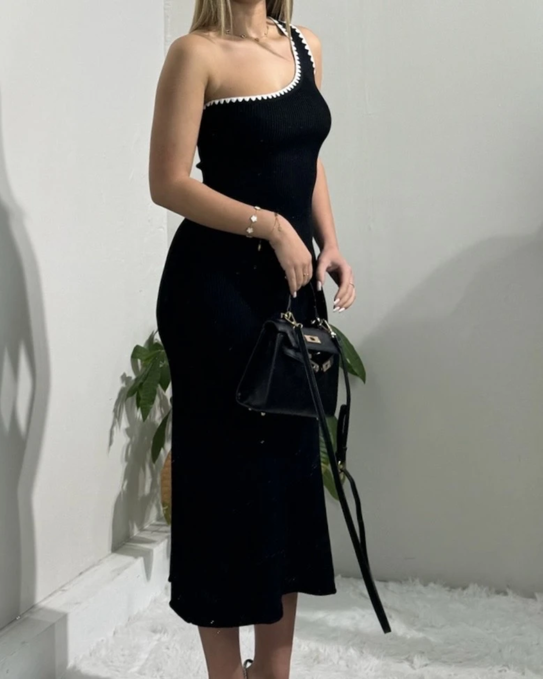 One Shoulder Ribbed Dress - Black