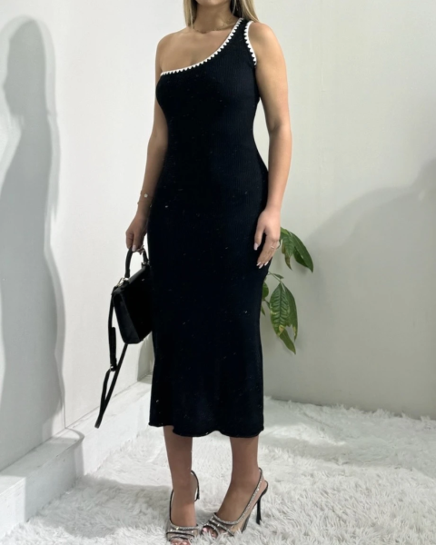 One Shoulder Ribbed Dress - Black