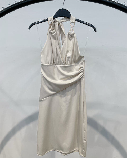 Ruched Party Dress with Tie Straps - Beige
