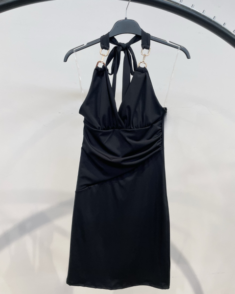 Ruched Party Dress with Tie Straps - Black