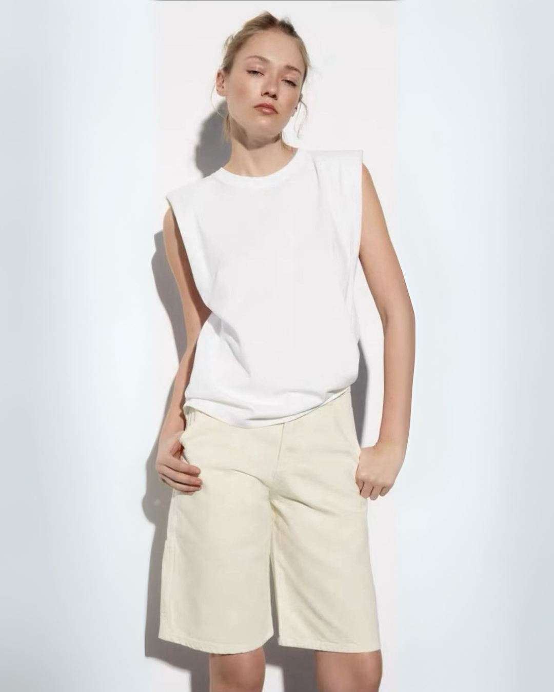 Shoulder Pad Sleeveless Top - White