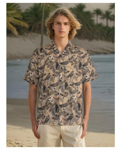 Printed Linen Mix Shirt - Camel