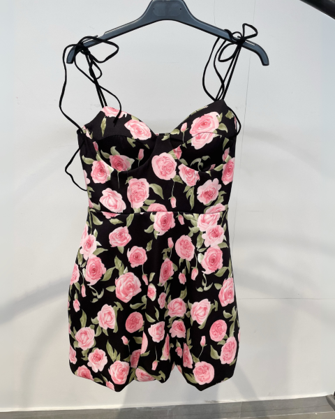 Floral Rose Print Dress with Tie Straps - Black