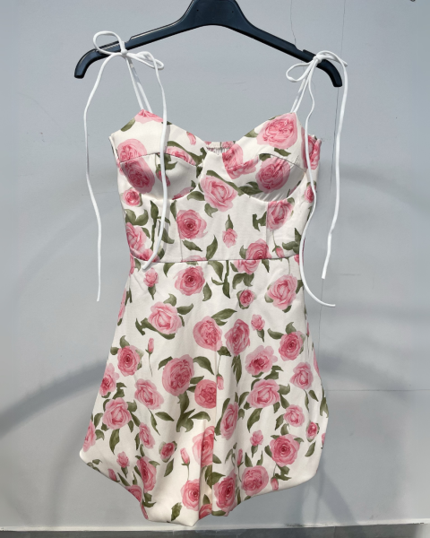 Floral Rose Print Dress with Tie Straps - White