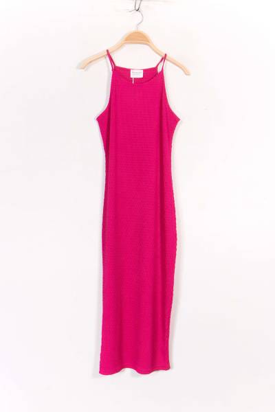 Long Stretch Textured Fabric Dress - Magenta