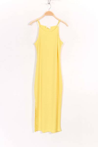 Long Stretch Textured Fabric Dress - Yellow