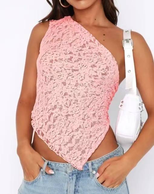 Asymmetric One Shoulder Lace Top - Pink
