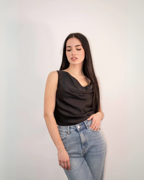 Cowl Neck Satin Blouse - Black