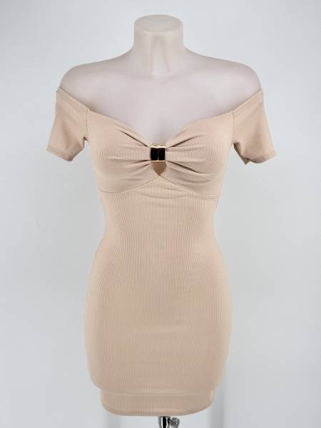 Off-Shoulder Ribbed Mini Dress - Beige
