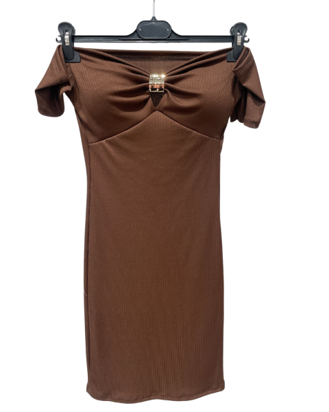 Off-Shoulder Ribbed Mini Dress - Brown