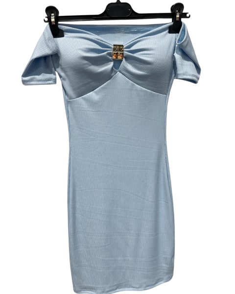 Off-Shoulder Ribbed Mini Dress - Sky Blue