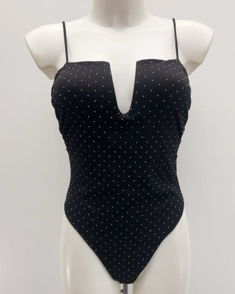 Rhinestones V-Neck Bodysuit - Black