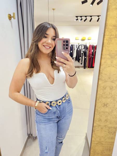 Rhinestones V-Neck Bodysuit - White
