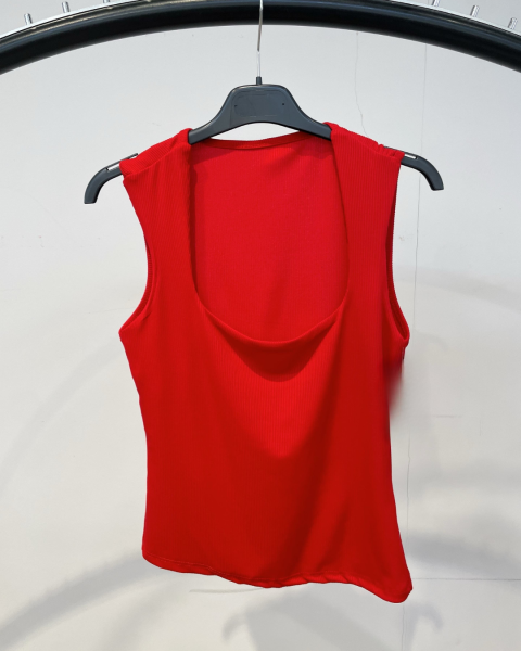 Square Neckline Ribbed Top - Red