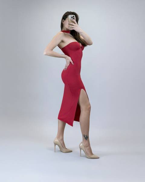 Strapless Midi Dress with Chocker - Red