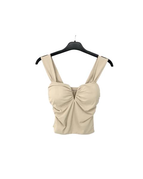 Ruched V Neck Crop Top - Beige