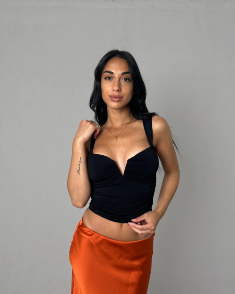 Ruched V Neck Crop Top - Black