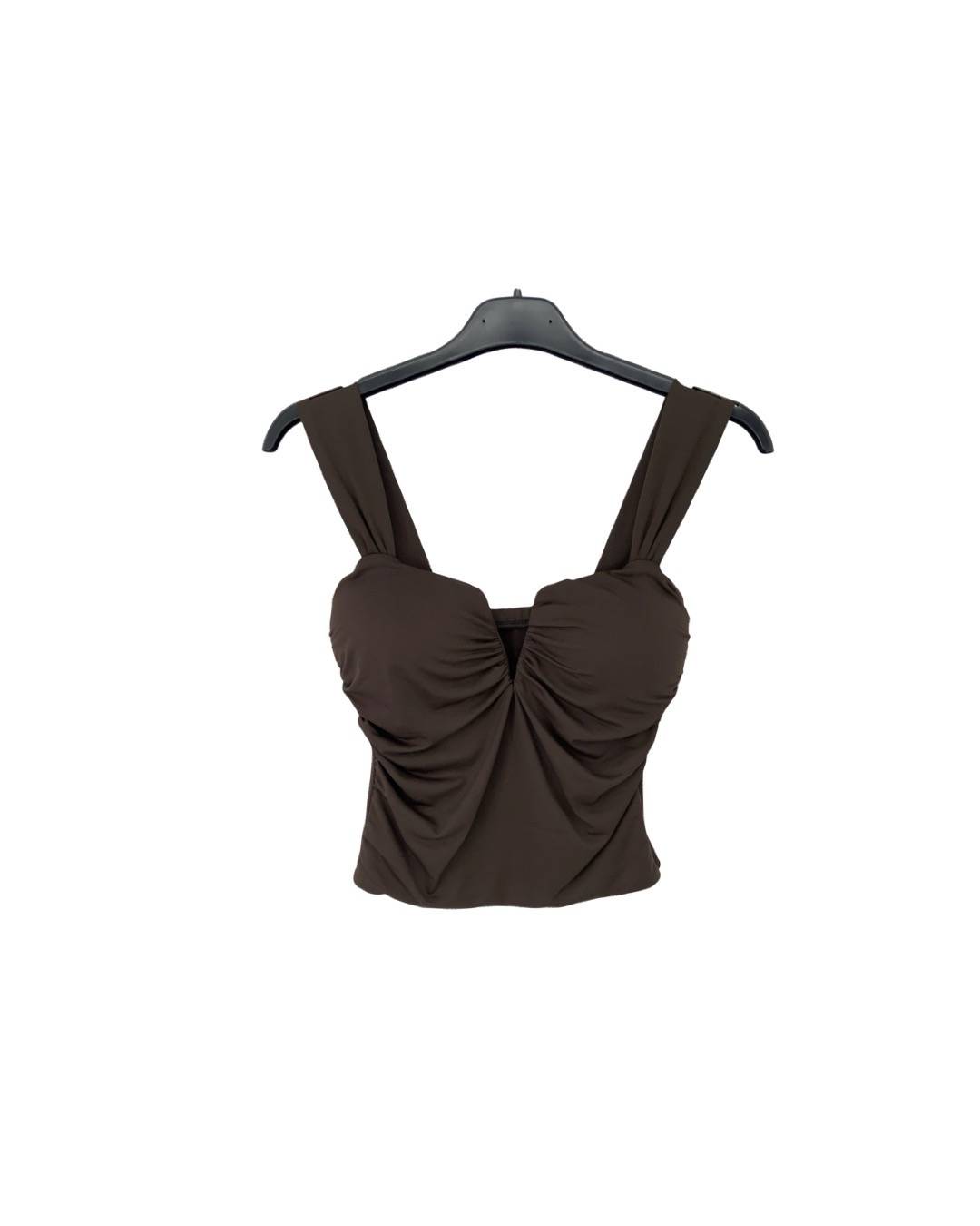 Ruched V Neck Crop Top - Brown