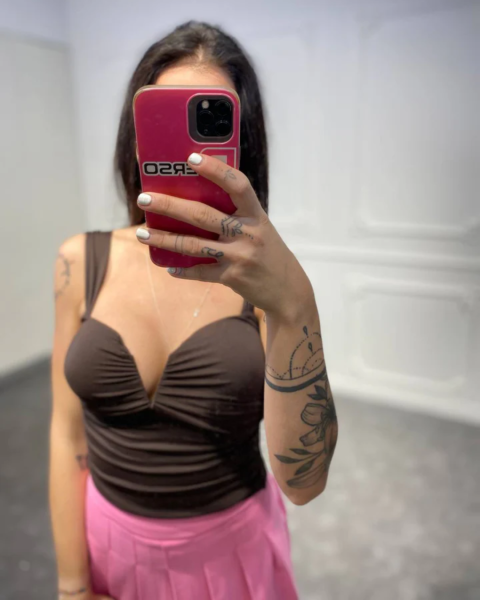 Ruched V Neck Crop Top - Brown