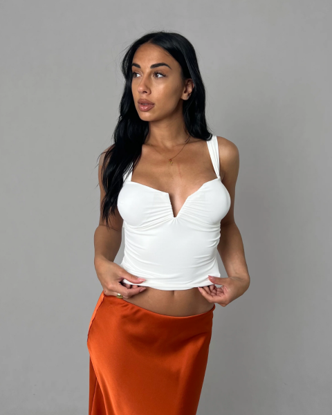 Ruched V Neck Crop Top - White
