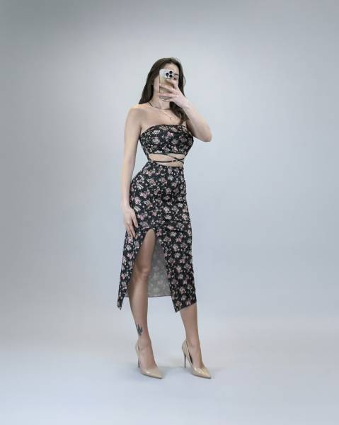 Printed Waist Cut Out Tube Midi Dress - Black