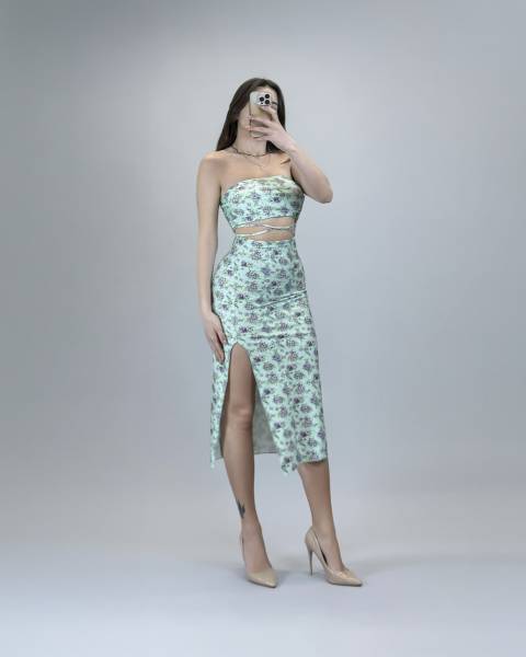 Printed Waist Cut Out Tube Midi Dress - Mint