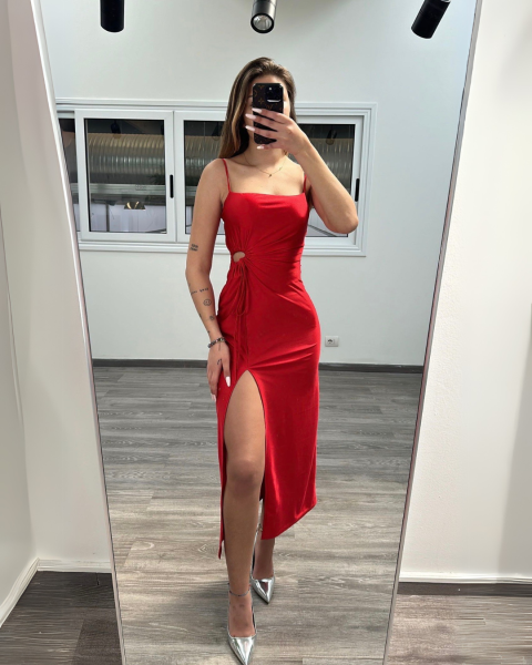 Maxi Dress with Side Cutout - Red