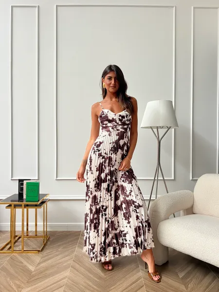 Maxi Printed Pleated Dress - Yellow