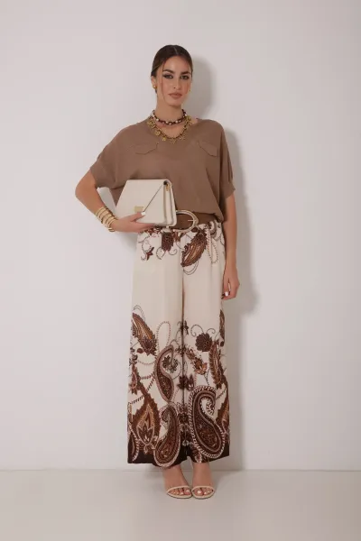 Printed Wide Leg Trousers - Brown