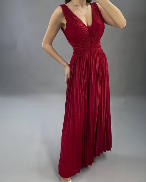 Shiny Pleated Maxi Dress - Red