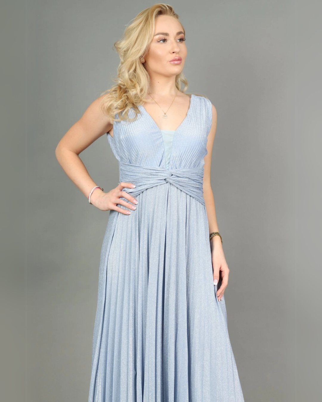 Shiny Pleated Maxi Dress - Sky Blue