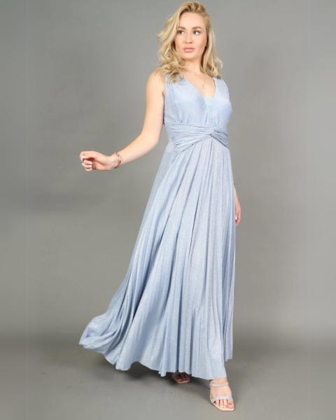 Shiny Pleated Maxi Dress - Sky Blue