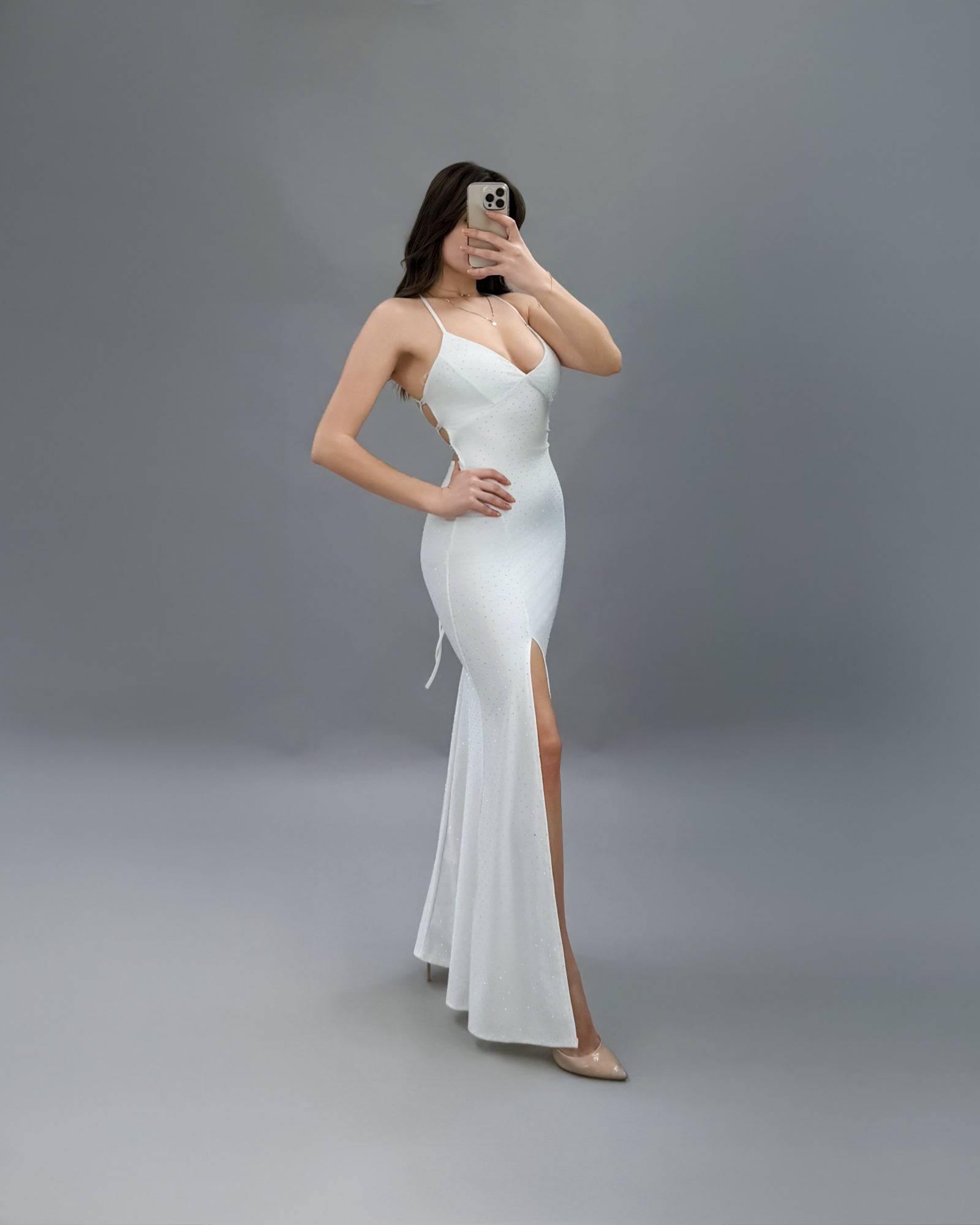 Rhinestone Halter Maxi Dress - White