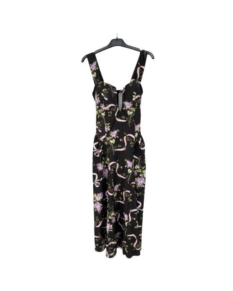 Floral Midi Dress with Deep V-Neck and Back Bow - Black