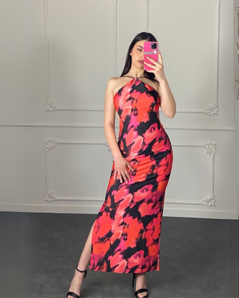 Printed Open Back Maxi Dress - Red