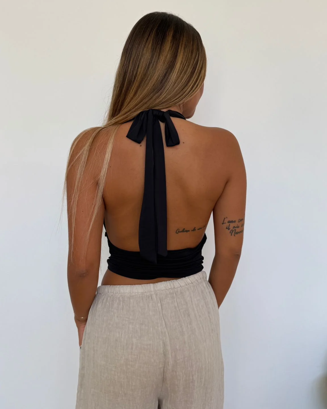 Halter Neck Tie Back Crop Top - Black