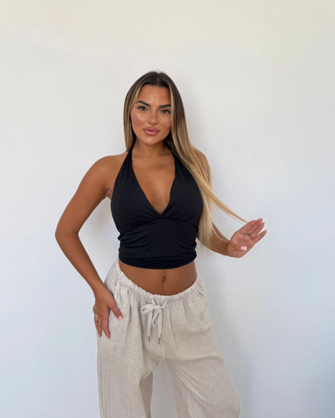 Halter Neck Tie Back Crop Top - Black