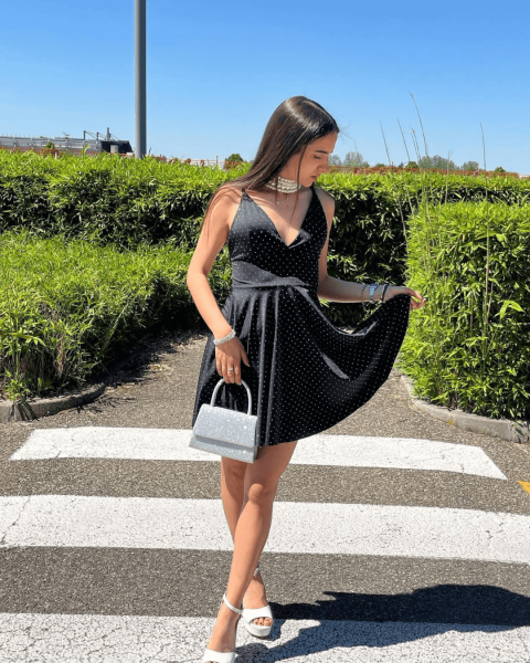 V Neck Rhinestones Mini Dress - Black