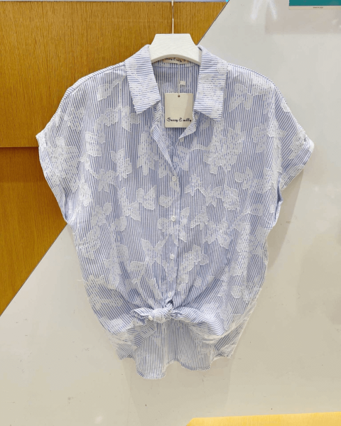 Embroidery Detail Striped Shirt - Sky Blue