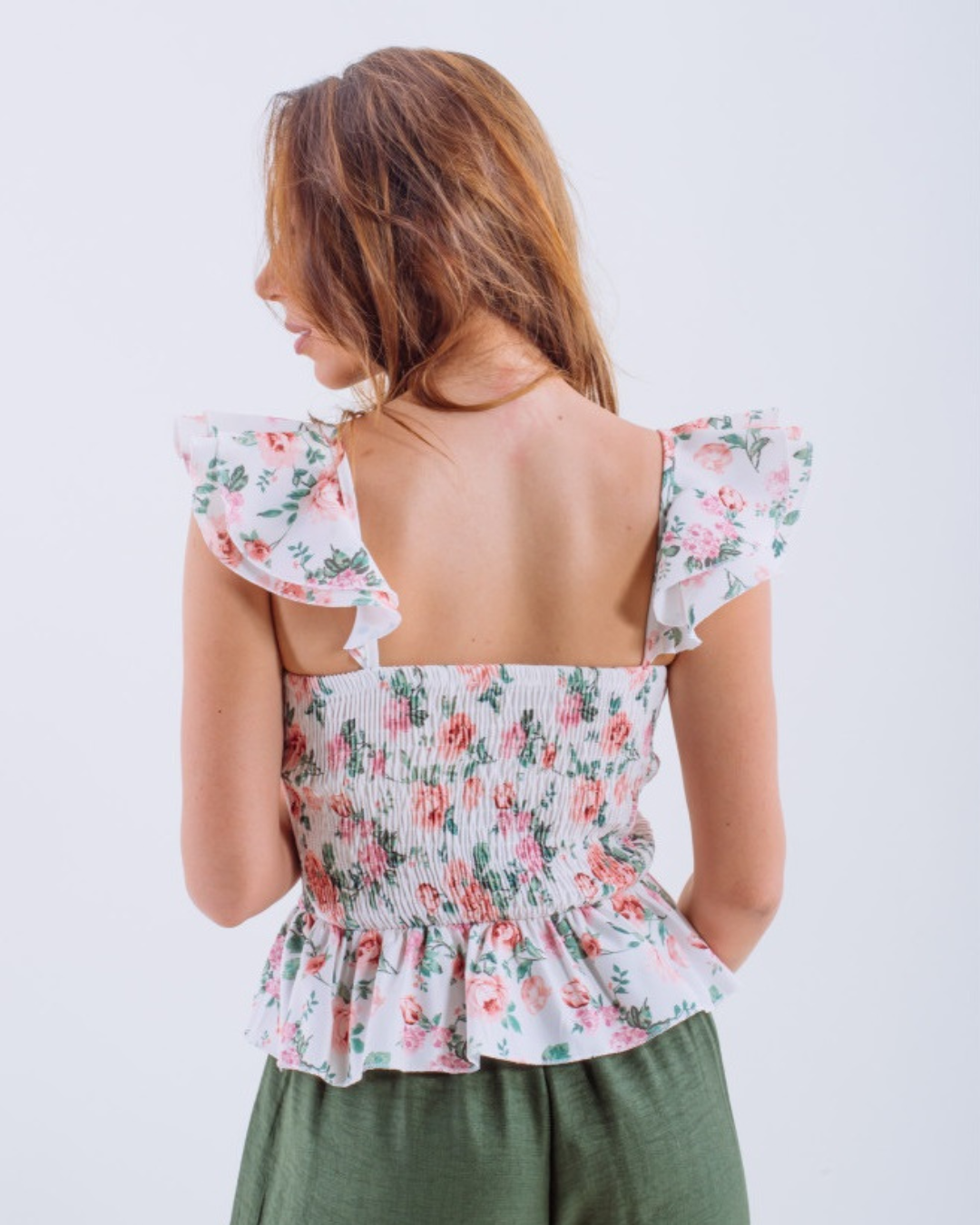 Floral Ruffle-Shoulder Peplum Top - Pink