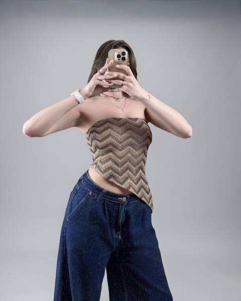 Asymmetric Chevron Strapless Top - Brown