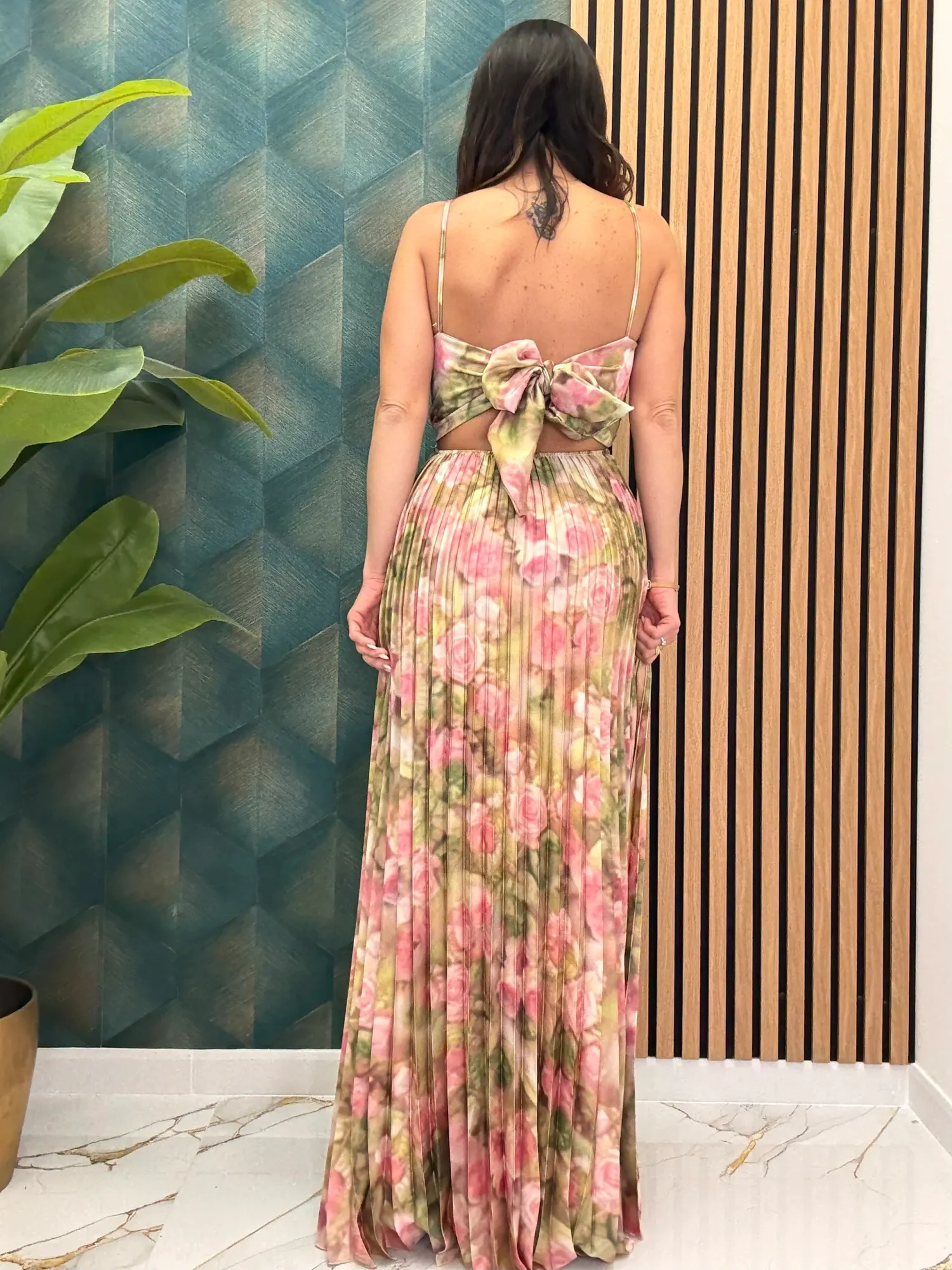 Maxi Floral Print Pleated Dress - Green