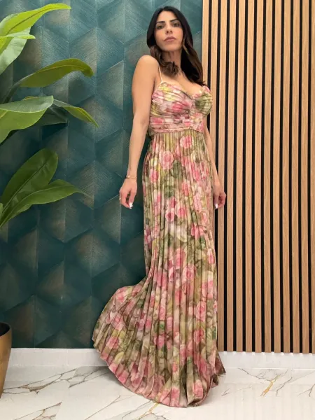 Maxi Floral Print Pleated Dress - Green