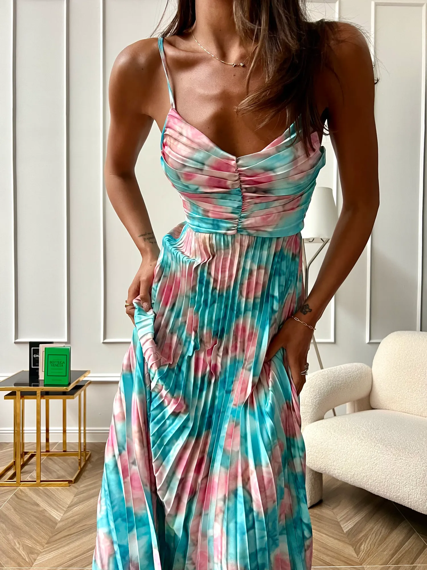 Maxi Floral Print Pleated Dress - Turquoise