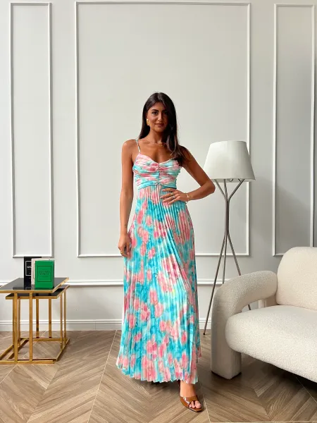 Maxi Floral Print Pleated Dress - Turquoise