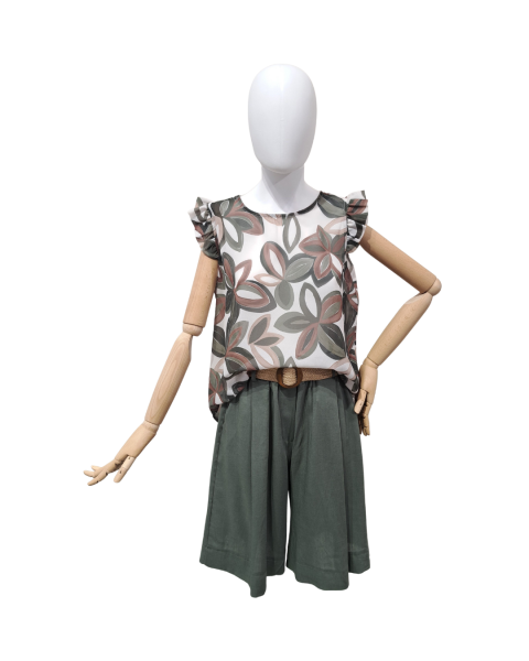 Ruffled Sleeves Printed Blouse - Khaki
