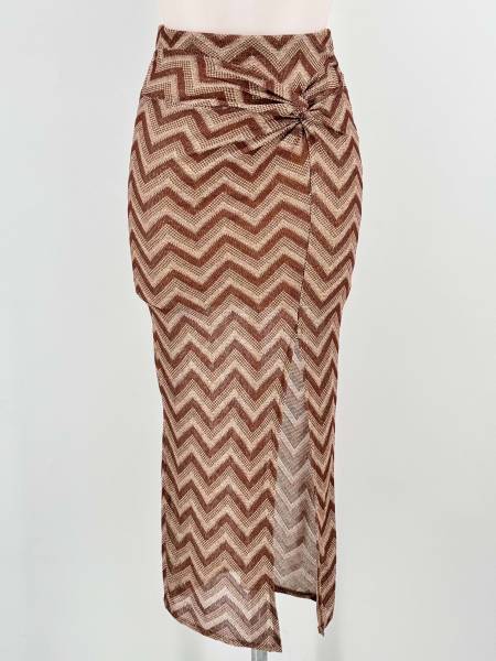 Chevron Side Slit Long Skirt - Brown