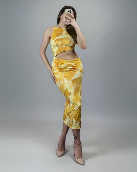 Printed Cut Out Midi Dress - Yellow