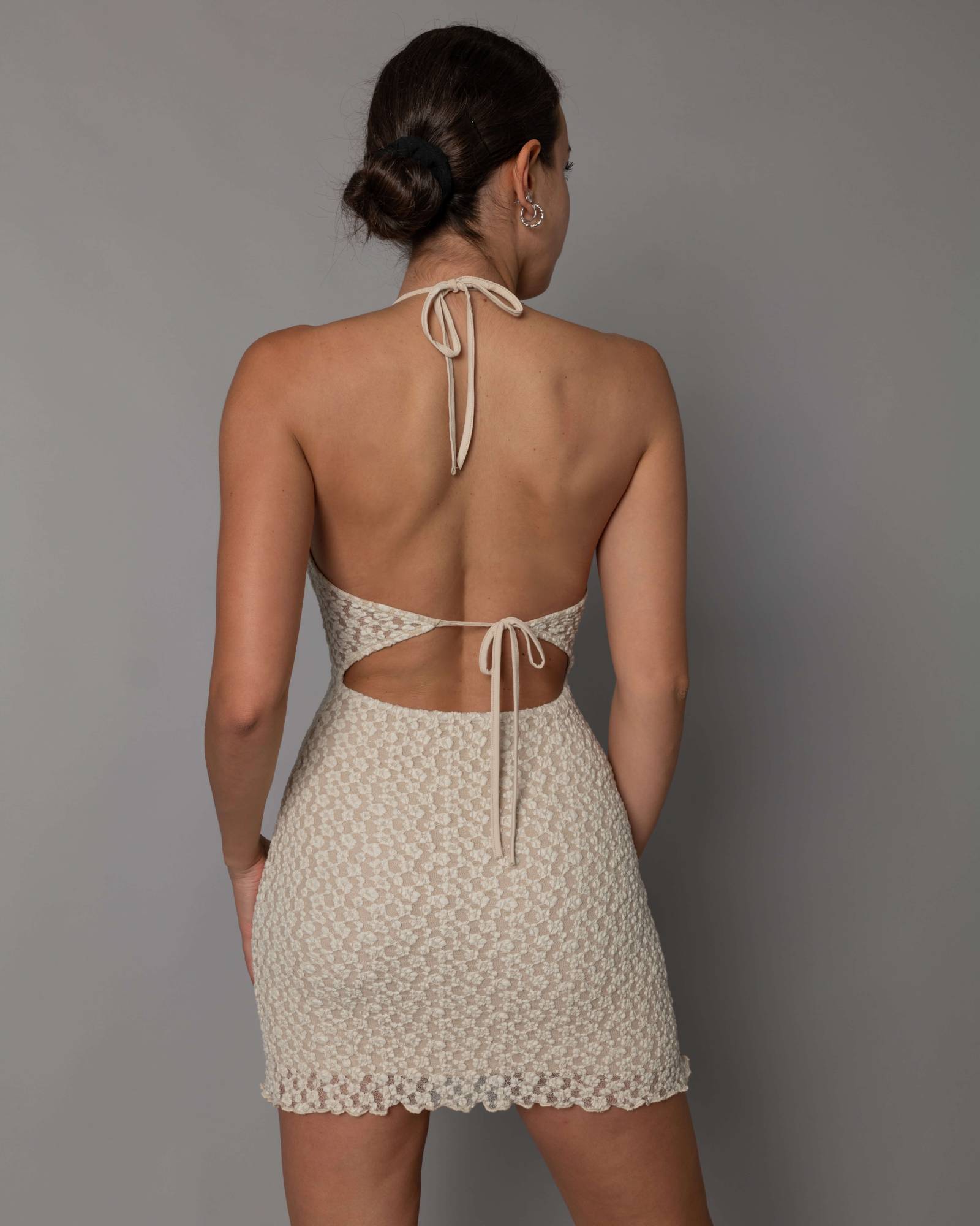 Crochet Halter Mini Dress with Open Back - Beige